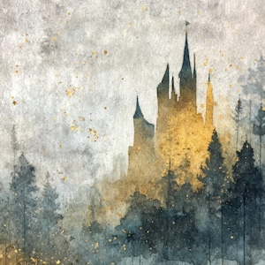 May include: Watercolor painting of a castle silhouette in gold and blue hues, set against a misty backdrop. The artwork features a detailed castle with multiple spires, surrounded by a forest of stylized trees. Gold flecks add a touch of sparkle.