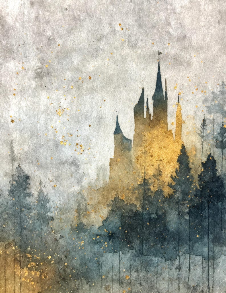 May include: Watercolor painting of a castle silhouette in gold and blue hues, set against a misty backdrop. The artwork features a detailed castle with multiple spires, surrounded by a forest of stylized trees. Gold flecks add a touch of sparkle.