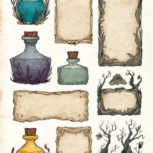 witchy potion labels and fantasy game ui elements with mystical frames apothecary tags magical symbols parchment textures for digital design image 8