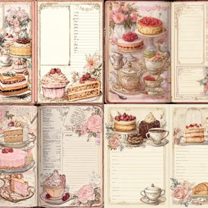Può includere: Un diario in stile vintage con pagine illustrate con torte, cupcake e composizioni floreali. Le pagine hanno sezioni a righe per la scrittura e sono decorate con toni rosa e crema, creando un'estetica affascinante e nostalgica.
