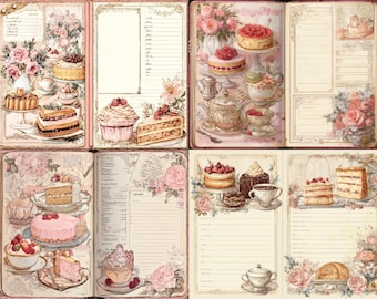 Könnte beinhalten: Ein Notizbuch im Vintage-Stil mit illustrierten Seiten mit Kuchen, Cupcakes und Blumenarrangements. Die Seiten haben linierte Abschnitte zum Schreiben und sind mit rosa und cremefarbenen Tönen verziert, was eine charmante, nostalgische Ästhetik erzeugt.