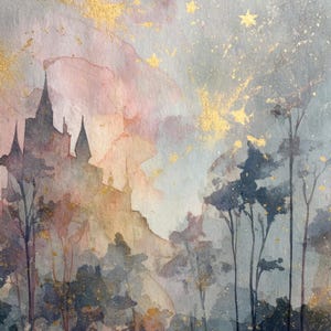 May include: Watercolor painting of a castle silhouette with tall spires, set against a dreamy sky. The artwork features a color palette of blues, pinks, and gold accents, with a forest in the foreground. The painting evokes a fairytale or fantasy theme.