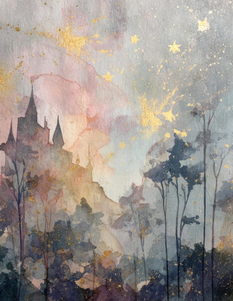 May include: Watercolor painting of a castle silhouette with tall spires, set against a dreamy sky. The artwork features a color palette of blues, pinks, and gold accents, with a forest in the foreground. The painting evokes a fairytale or fantasy theme.