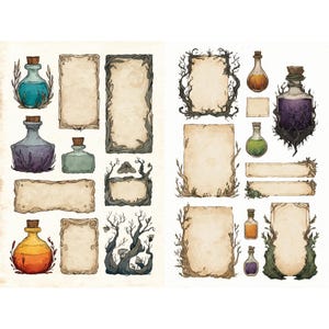 witchy potion labels and fantasy game ui elements with mystical frames apothecary tags magical symbols parchment textures for digital design image 2