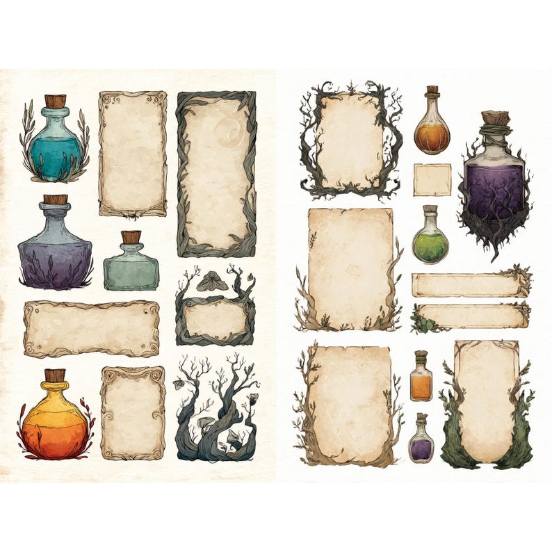 witchy potion labels and fantasy game ui elements with mystical frames apothecary tags magical symbols parchment textures for digital design image 2