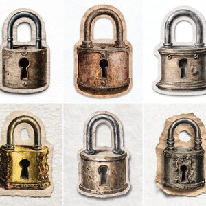 May include: Six vintage-style padlock stickers are displayed. Each padlock has a keyhole and a metal shackle. The padlocks are in various colours, including gold, bronze, and silver, with a distressed, aged appearance.