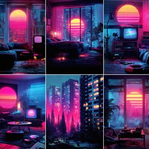 May include: A collection of six digital art pieces showcasing a retro-futuristic cityscape. Each image features vibrant neon colors, including pink, purple, and blue, with a prominent sun or sunset design. The scenes depict interiors with furniture and cityscapes.