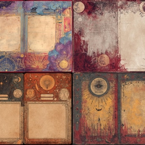 May include: A collection of four decorative art prints with celestial and mystical themes. Each print features a central blank space framed by ornate borders, moons, suns, and other cosmic elements in shades of blue, red, orange, and gold.