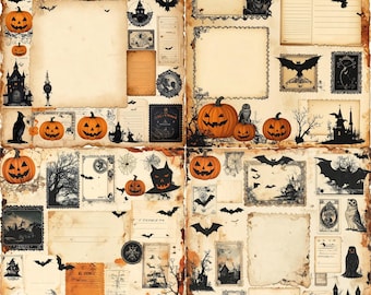 Paquete de papel imprimible vintage para álbumes de recortes, diarios basura, páginas de Halloween, efímeras góticas grunge, descarga digital para manualidades de collage artístico
