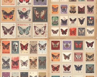 Vintage Butterfly & Insect Stamp Collage Sheets, Printable Ephemera with Aged and Damaged Details for Junk Journals, Crafts and Scrapbooking