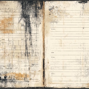 May include: Open vintage journal pages with aged paper and handwritten notes. The left page features a grid layout with columns and rows, while the right page has lined sections. The pages have a distressed, worn appearance with stains and ink marks.