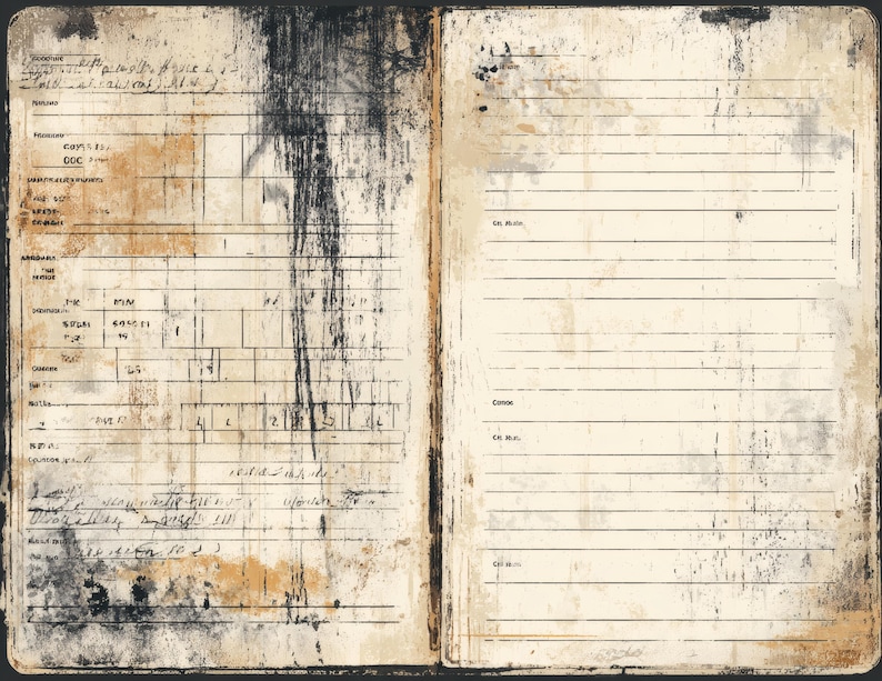 May include: Open vintage journal pages with aged paper and handwritten notes. The left page features a grid layout with columns and rows, while the right page has lined sections. The pages have a distressed, worn appearance with stains and ink marks.
