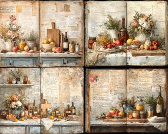 May include: A vintage-style illustration of open books with still-life arrangements. The scenes feature flowers, fruits, jars, bottles, and cutting boards, evoking a rustic kitchen or pantry setting. The color palette includes soft blues, yellows, and browns.