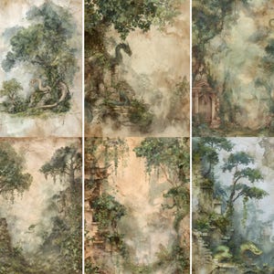 May include: A set of six fantasy art prints featuring watercolor illustrations of dragons, trees, and ancient architecture. The artwork has a vintage, aged appearance with muted greens, browns, and beige tones, creating a mystical atmosphere.