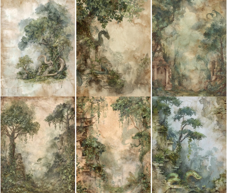 May include: A set of six fantasy art prints featuring watercolor illustrations of dragons, trees, and ancient architecture. The artwork has a vintage, aged appearance with muted greens, browns, and beige tones, creating a mystical atmosphere.