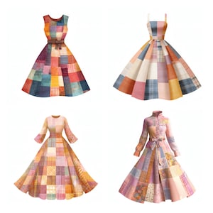 May include: Four dresses featuring patchwork designs. The top left is sleeveless with a brown belt. The top right has thin straps and a flared skirt. The bottom left has long sleeves. The bottom right has long sleeves, a high collar, and a tie belt.