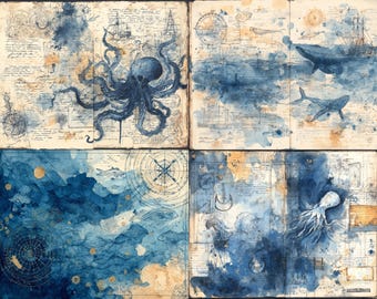 Junk Journal Kit, 40 Seiten zur Erforschung des Ozeans, Vintage Scrapbook Papier, Seereise Papier