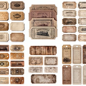 Peut inclure: Une collection de billets et d'étiquettes en papier de style vintage de différentes formes et tailles. Les billets présentent des couleurs délavées, des textures vieillies et une typographie ornée. Certains billets affichent des illustrations de trains et d'autres images vintage.