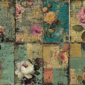Puede incluir: Un collage de fondos de papel de estilo vintage con elementos florales y de escritura. El diseño presenta rosas en tonos de rosa, amarillo y blanco, sobre un fondo de papel envejecido con texto manuscrito y texturas desgastadas. La paleta de colores incluye turquesa, beige y rosa descolorido.