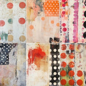 May include: A collection of six abstract paintings with a textured, mixed-media style. Each piece features a unique composition of colors, including red, orange, pink, black, and white, with polka dots and geometric shapes.