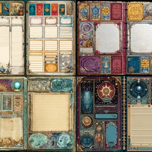 May include: A collection of intricately designed journal pages with a fantasy theme. Each page features ornate borders, decorative elements, and blank spaces for writing. The color palette includes blues, purples, golds, and greens, creating a mystical and detailed aesthetic.