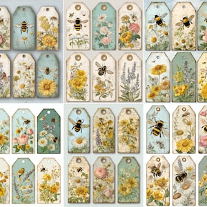 Può includere: Una collezione di etichette regalo in stile vintage con illustrazioni di api, fiori ed elementi botanici. Le etichette hanno un aspetto invecchiato e usurato con una varietà di disegni floreali, tra cui girasoli, margherite e rose. La tavolozza dei colori comprende blu tenui, gialli e creme.