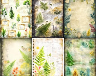 Vintage Herbarium Junk Journal Pages, Pressed Ferns and Botanical Labels, Antique Plant Notebook Paper, Nature Scrapbook pages