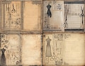 Sewing junk journal pages with vintage dress patterns tape measures scissors and lace printable sewing log paper retro scrapbook journaling