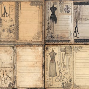 May include: A vintage-style journal spread with sepia-toned pages. The pages feature illustrations of dress forms, scissors, and floral accents. The design includes lined pages, lace borders, and a distressed, aged appearance, evoking a classic, handcrafted aesthetic.