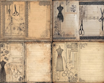 Sewing junk journal pages with vintage dress patterns tape measures scissors and lace printable sewing log paper retro scrapbook journaling