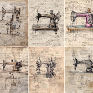 Op de afbeelding: Zes illustraties van vintage naaimachines op verouderd papier. De tekeningen tonen gedetailleerde mechanische ontwerpen met sepia-, paarse en zwarte kleurenschema's, tegen een achtergrond van handgeschreven notities en diagrammen, voor een historische uitstraling.
