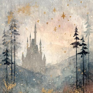 May include: Watercolor painting of a castle in a forest with a starry sky. The artwork features a muted color palette of blues, grays, and gold accents. The castle is silhouetted against a soft, peachy sky, with trees in the foreground.