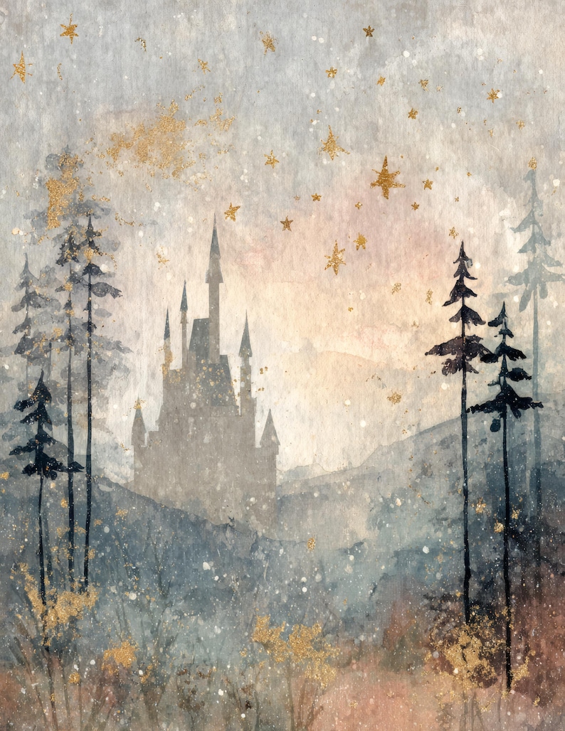 May include: Watercolor painting of a castle in a forest with a starry sky. The artwork features a muted color palette of blues, grays, and gold accents. The castle is silhouetted against a soft, peachy sky, with trees in the foreground.