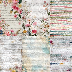 Puede incluir: Un collage de seis diseños de papel. Los diseños presentan arreglos florales, escritura manuscrita y rayas de acuarela. La paleta de colores incluye rosa, amarillo, azul y verde, con una estética vintage. Adecuado para scrapbooking y manualidades.