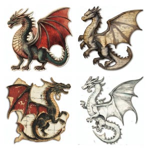 May include: A set of four flat dragon cutouts. The top left dragon is green and red. The top right dragon is beige with script text patterns. The bottom left dragon is black and red with a distressed finish. The bottom right dragon is white and gray.