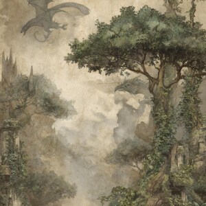 May include: A fantasy landscape illustration featuring dragons soaring above a misty forest and ancient ruins. The artwork has a vintage, watercolor style with muted greens, browns, and grays, creating a mystical atmosphere.