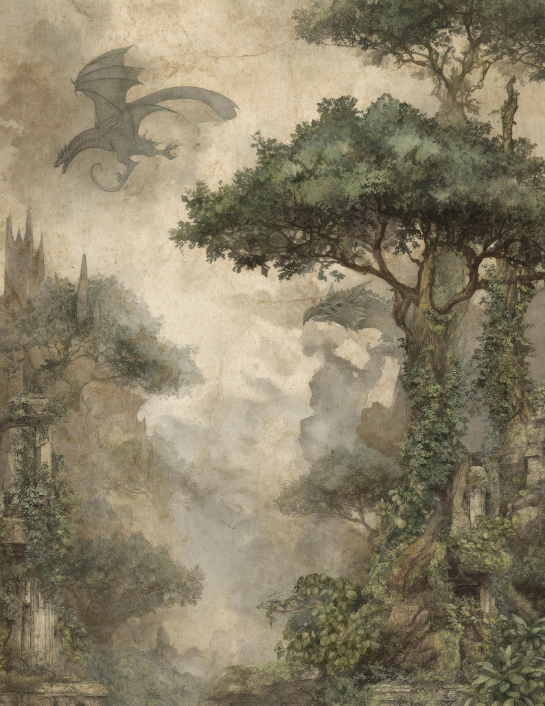May include: A fantasy landscape illustration featuring dragons soaring above a misty forest and ancient ruins. The artwork has a vintage, watercolor style with muted greens, browns, and grays, creating a mystical atmosphere.