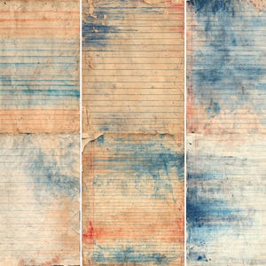 May include: A triptych of aged paper with horizontal blue and red lines, reminiscent of lined notebook paper. The paper has a distressed appearance with blue and red watercolor-like stains and a weathered texture, suggesting age and use.