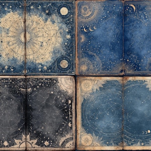 May include: Four open books with celestial designs. Each book has a blue background with constellations, moons, and suns. The corners and edges have a vintage, aged look with a beige color.