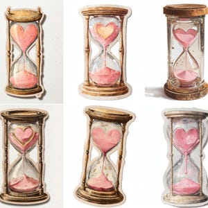 May include: Watercolor illustrations of hourglasses with heart-shaped centers. The hourglasses have a wooden frame and base, with pink sand and a heart-shaped design. The overall color palette is soft, with warm tones.