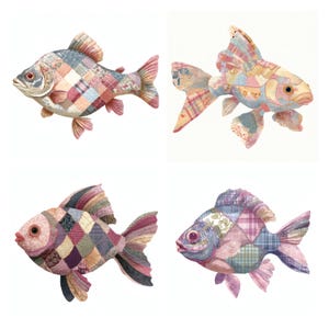 May include: Four fish figures crafted with a patchwork design featuring various fabric patterns in shades of pink, blue, grey, and cream. Each fish displays a unique arrangement of quilted squares, detailed fins, and distinct eyes, presented as a set.