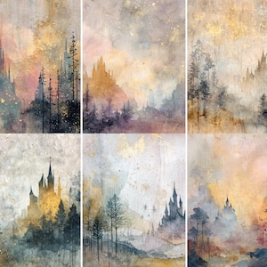 May include: A collection of six watercolor paintings depicting fairytale castles and forests. The artwork features a soft color palette of gold, pink, and blue hues, with detailed trees and castle silhouettes. The style evokes a dreamy, ethereal atmosphere.