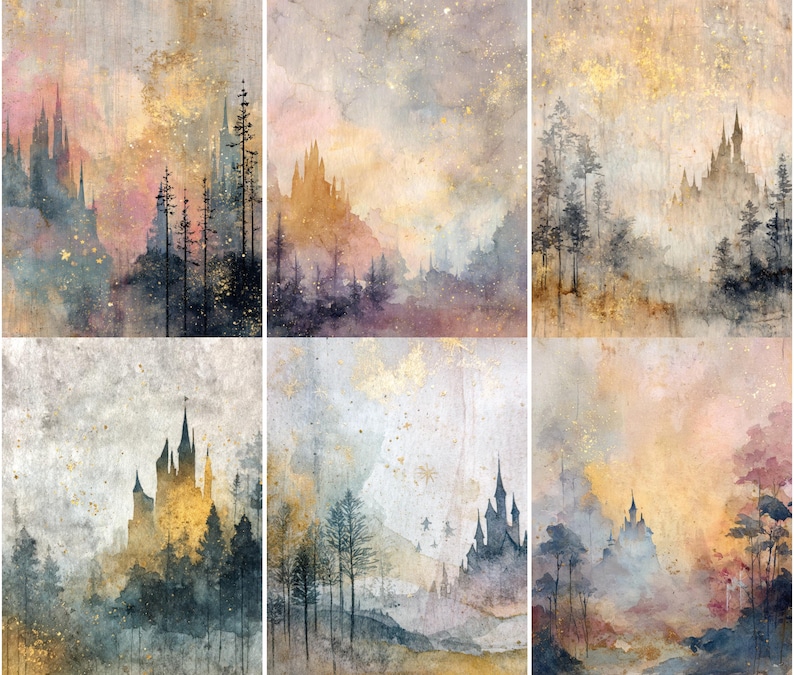 May include: A collection of six watercolor paintings depicting fairytale castles and forests. The artwork features a soft color palette of gold, pink, and blue hues, with detailed trees and castle silhouettes. The style evokes a dreamy, ethereal atmosphere.