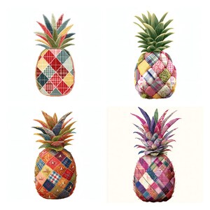 Könnte beinhalten: Vier dekorative Ananas-Ornamente aus verschiedenen Stoffstücken. Jede Ananas weist eine einzigartige Kombination aus karierten, geblümten und einfarbigen Textilquadraten auf, die zusammengenäht sind und oben grüne Stoffblätter haben.