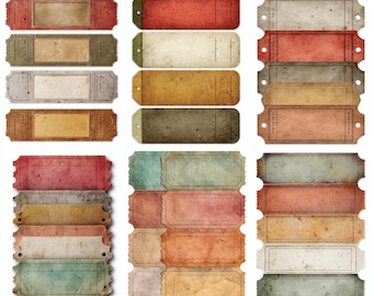 ticket bundle for junk journals, printable colorful labels and tags, retro paper collage sheet, antique scrapbook ephemera, ephemera Pages