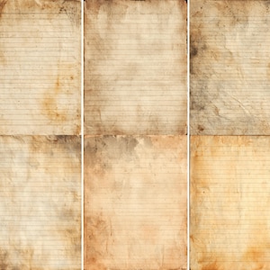 May include: A collection of six aged, lined paper sheets with a vintage aesthetic. The paper has a warm, tan hue with visible stains and creases, suggesting age. Horizontal lines provide a guide for writing. The edges show signs of wear, enhancing the antique look.