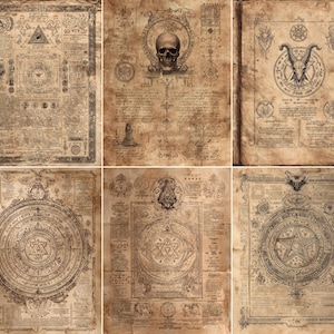 Può includere: Una collezione di sei pagine di pergamena invecchiata con illustrazioni occulte. Le pagine mostrano disegni dettagliati di simboli, forme geometriche e testo, con un'estetica vintage. La tavolozza dei colori è principalmente nei toni del seppia, con inchiostro marrone scuro.