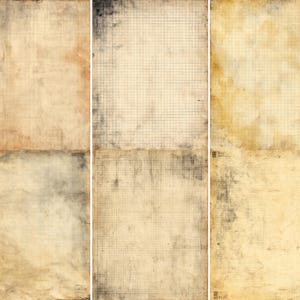 May include: Three vertical panels of aged paper with a grid pattern. The paper has a vintage aesthetic, with a mix of tan, brown, and faded black tones. The paper appears to be folded and worn, suggesting age and use.