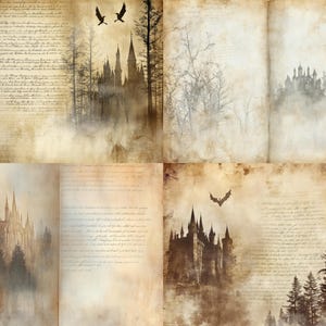 Könnte beinhalten: Eine Collage aus vier Pergamentseiten im Vintage-Stil mit sepiafarbenen Illustrationen von gotischen Schlössern, dichten Kiefernwäldern und nebligen Landschaften. Die Seiten enthalten handschriftliche Texte sowie Silhouetten von Vögeln und Fledermäusen.