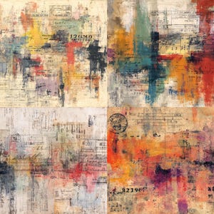 Op de afbeelding: Abstracte kunst in vier panelen, die vintage documenten combineert met kleurrijke penseelstreken. Het ontwerp maakt gebruik van een palet van geel, rood, blauw en zwart, waardoor een gestructureerd, gelaagd effect ontstaat. Het kunstwerk bevat cijfers en tekst.